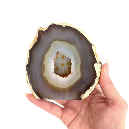 Large Crystals NZ: Large agate polished crystal cave with cut base