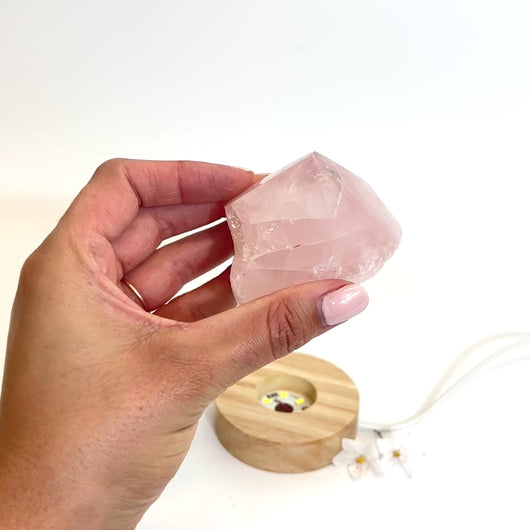 Rose quartz crystal lamp on LED wooden base | ASH&STONE Crystals Shop Auckland NZ