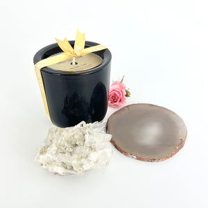 Candles & Crystal Packs NZ: Bespoke Cacao & Sandalwood candle & crystals interior gift pack