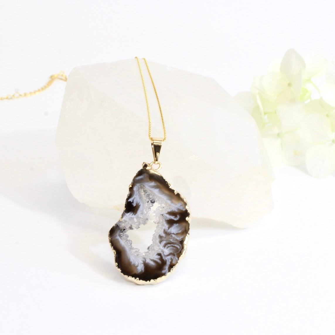 Agate crystal slice pendant on 18" chain | ASH&STONE Crystal Jewellery Shop Auckland NZ