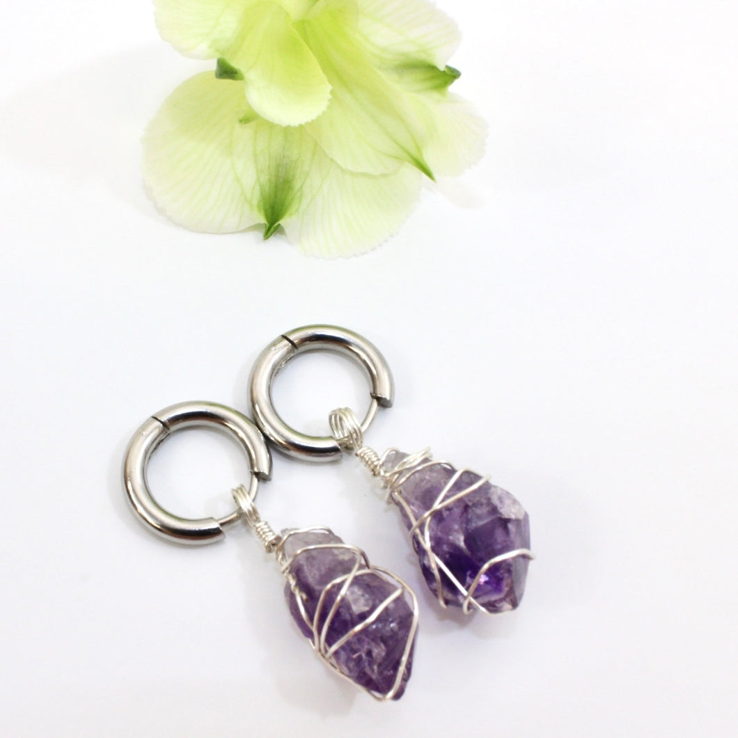 NZ-made bespoke amethyst crystal huggy earrings | ASH&STONE Crystal Jewellery Shop