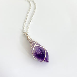 Crystal Jewellery NZ: Bespoke hand-wrapped amethyst crystal necklace - 16-inch chain