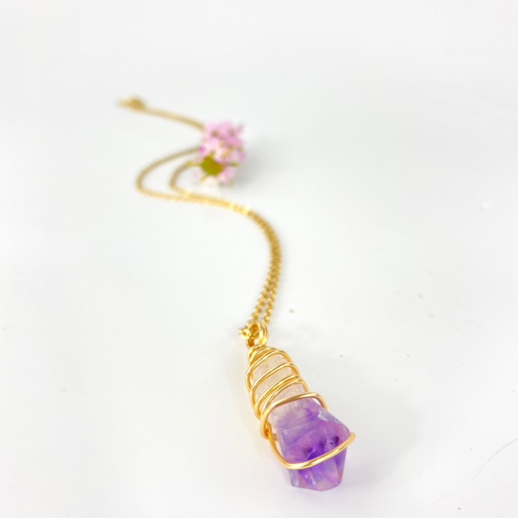 Crystal Jewellery NZ: Bespoke hand-wrapped amethyst crystal necklace - 18-inch chain