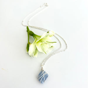 Crystal Jewellery NZ: Bespoke hand-wrapped blue calcite crystal necklace - 16-inch chain