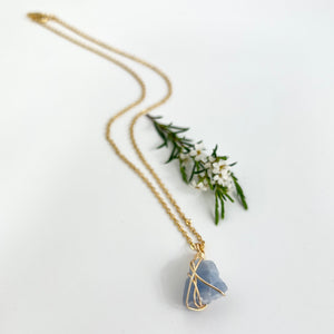 Crystal Jewellery NZ: Bespoke blue calcite necklace 16-inch chain