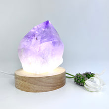 Load image into Gallery viewer, Crystal Lamps NZ: Amethyst crystal point lamp on LED wooden base
