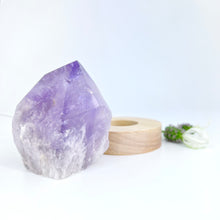 Load image into Gallery viewer, Crystal Lamps NZ: Amethyst crystal point lamp on LED wooden base

