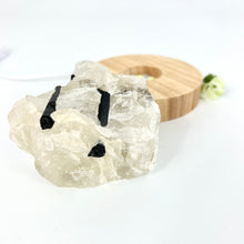 Load image into Gallery viewer, Crystal Lamps NZ: Tourmaline in quartz crystal lamp on wooden LED base
