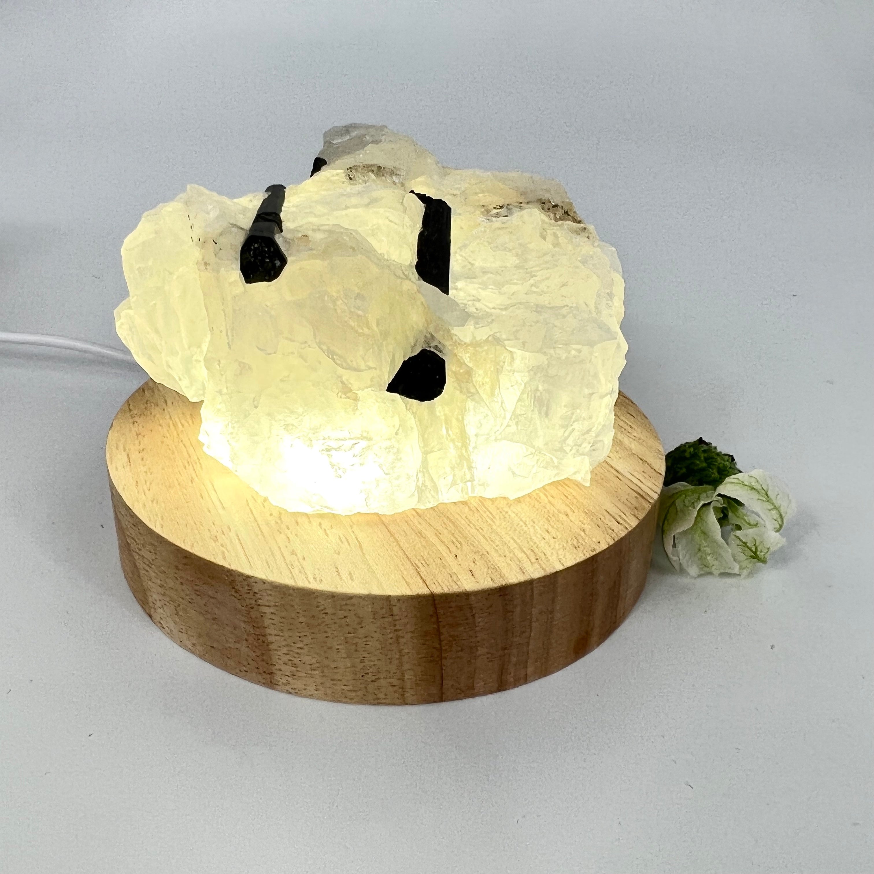 Crystal Lamps NZ: Tourmaline in quartz crystal lamp on wooden LED base