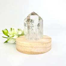 Load image into Gallery viewer, Crystal Lamps NZ: Clear quartz crystal generator with chlorite inclusions on LED lamp base
