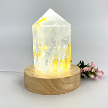 Load image into Gallery viewer, Crystal Lamps NZ: Clear quartz crystal generator lamp on LED lamp base
