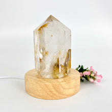 Load image into Gallery viewer, Crystal Lamps NZ: Clear quartz crystal generator lamp on LED lamp base
