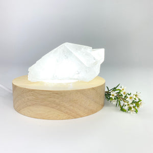Crystal Lamps NZ: Clear quartz crystal on LED lamp base