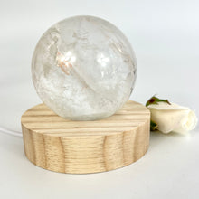 Load image into Gallery viewer, Crystal Lamps NZ: Clear quartz crystal sphere on LED lamp base
