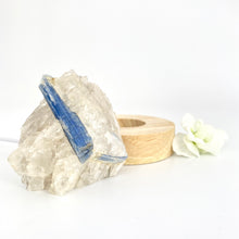 Load image into Gallery viewer, Crystal Lamps NZ: Kyanite in quartz crystal lamp on wooden LED base
