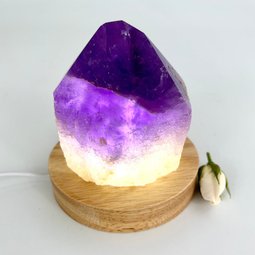 Crystal Lamps NZ: Large amethyst crystal lamp on LED wooden base