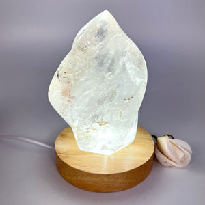 Crystal Lamps NZ: Large clear quartz crystal flame on LED lamp base