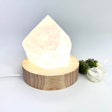 Load image into Gallery viewer, Crystal Lamps NZ: Raw rose quartz crystal lamp on LED wooden base
