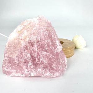 Crystal Lamps NZ: Rose quartz crystal lamp on LED wooden base