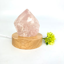 Load image into Gallery viewer, Crystal Lamps NZ: Rose quartz crystal lamp on LED wooden base
