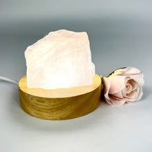 Load image into Gallery viewer, Crystal Lamps NZ: Rose quartz crystal lamp on LED wooden base
