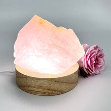 Load image into Gallery viewer, Crystal Lamps NZ: A-Grade rose quartz crystal lamp on LED wooden base
