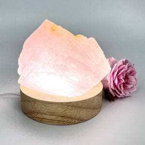 Crystal Lamps NZ: A-Grade rose quartz crystal lamp on LED wooden base