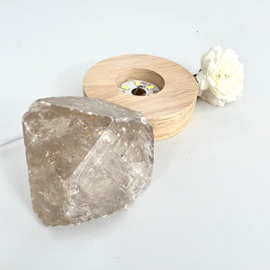Crystal Lamps NZ: Smoky quartz crystal chunk on LED lamp base