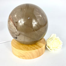Load image into Gallery viewer, Crystal Lamps NZ: Smoky quartz crystal sphere on LED lamp base
