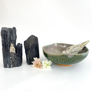 Crystal Packs NZ: Black tourmaline crystal towers interior pack with large bespoke NZ ceramic bowl