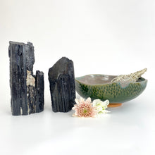 Load image into Gallery viewer, Crystal Packs NZ: Black tourmaline crystal towers interior pack with large bespoke NZ ceramic bowl
