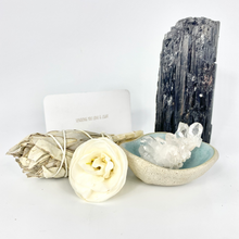 Load image into Gallery viewer, Crystal packs NZ: Black tourmaline &amp; clear quartz crystal pack with bespoke NZ ceramic bowl
