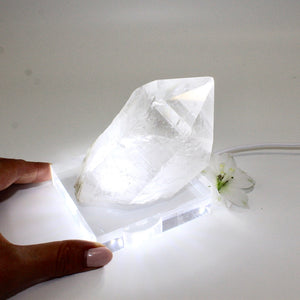 Large clear quartz crystal point on LED lamp base | ASH&STONE Crystals Shop Auckland NZ