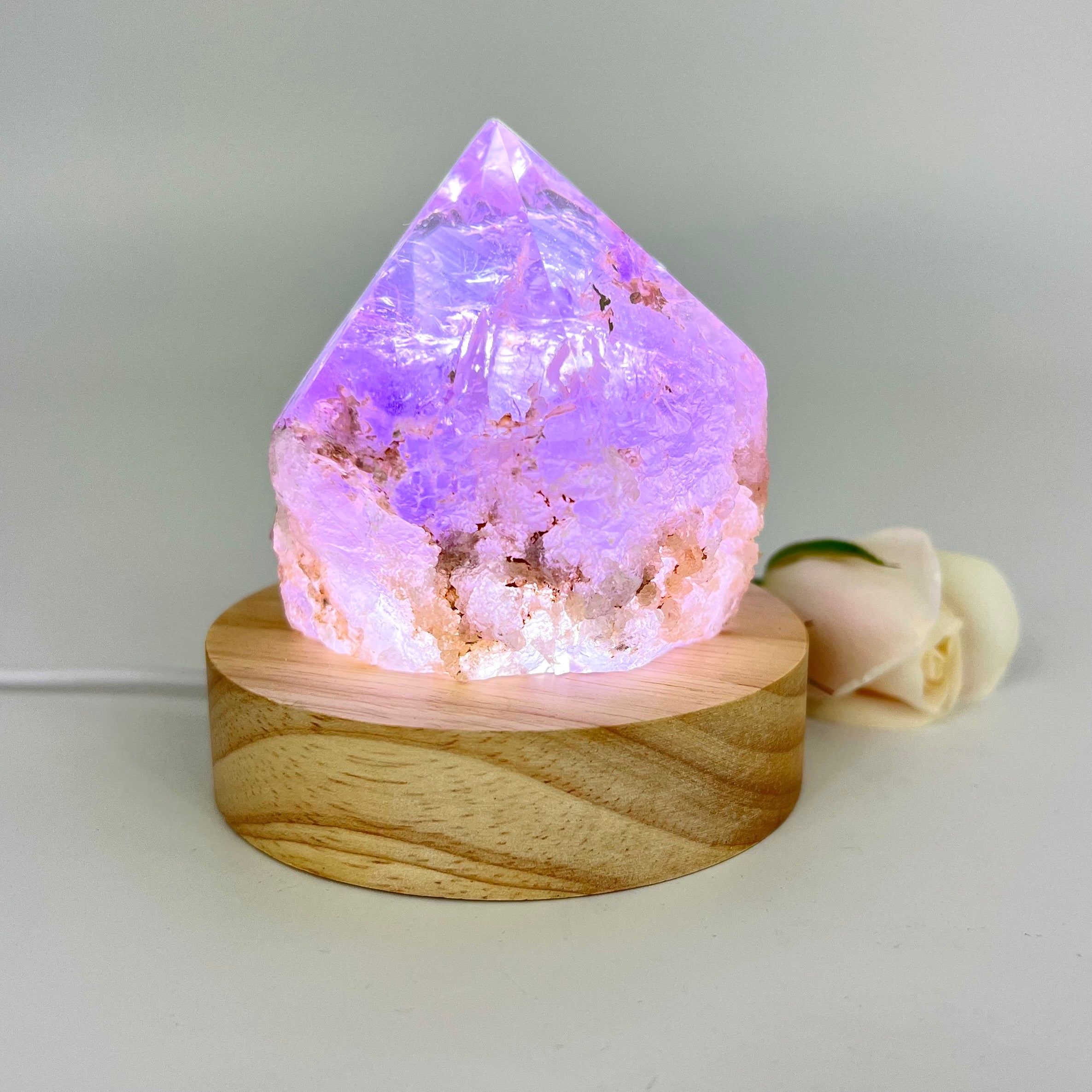Crystal Lamps NZ: Amethyst crystal lamp on LED wooden base