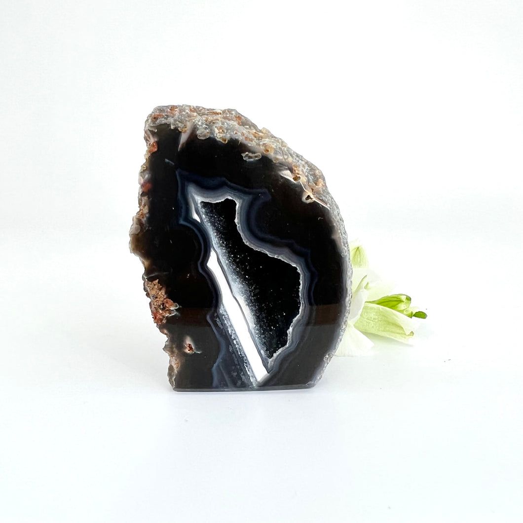 Crystals NZ: Black agate crystal cave with geode & cut base