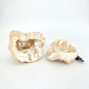 Crystals NZ: Clear quartz crystal geode pair