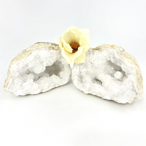 Crystals NZ: Clear quartz crystal geode pair