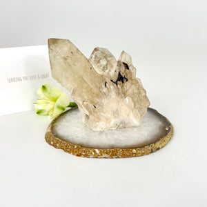 Crystal Packs NZ: Kundalini natural citrine crystal cluster on agate crystal display slice