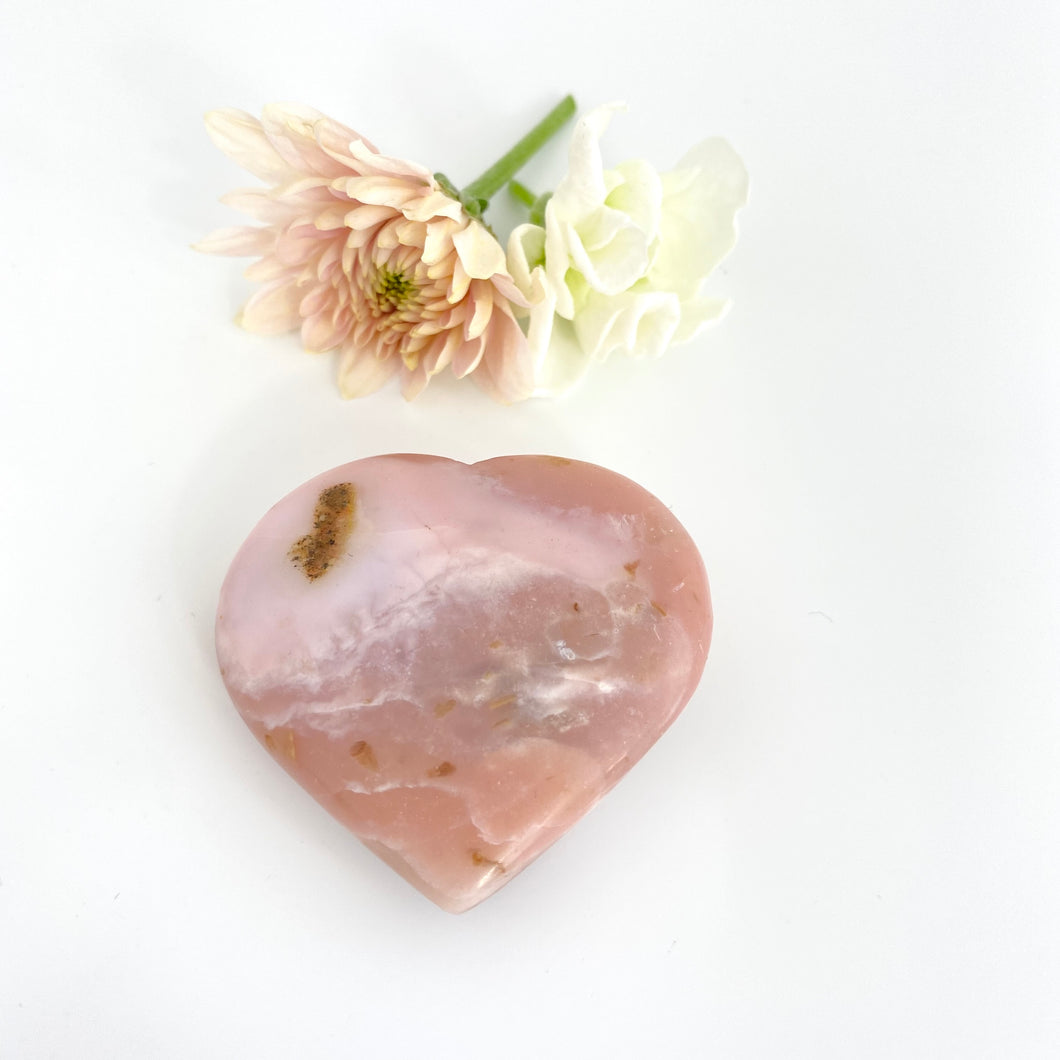 Crystals NZ: Pink opal polished crystal heart