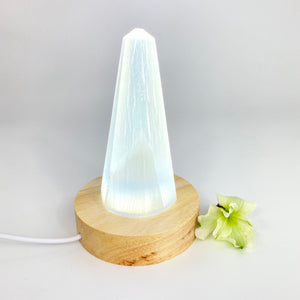 Crystals NZ: Selenite crystal tower lamp on LED wooden base